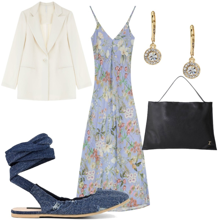 Outfit donna - Il vestito fiorito. Stile Romantica per Ufficio. Abbinamento con blazer, borse a spalla, vestiti lunghi, orecchini, ballerine.