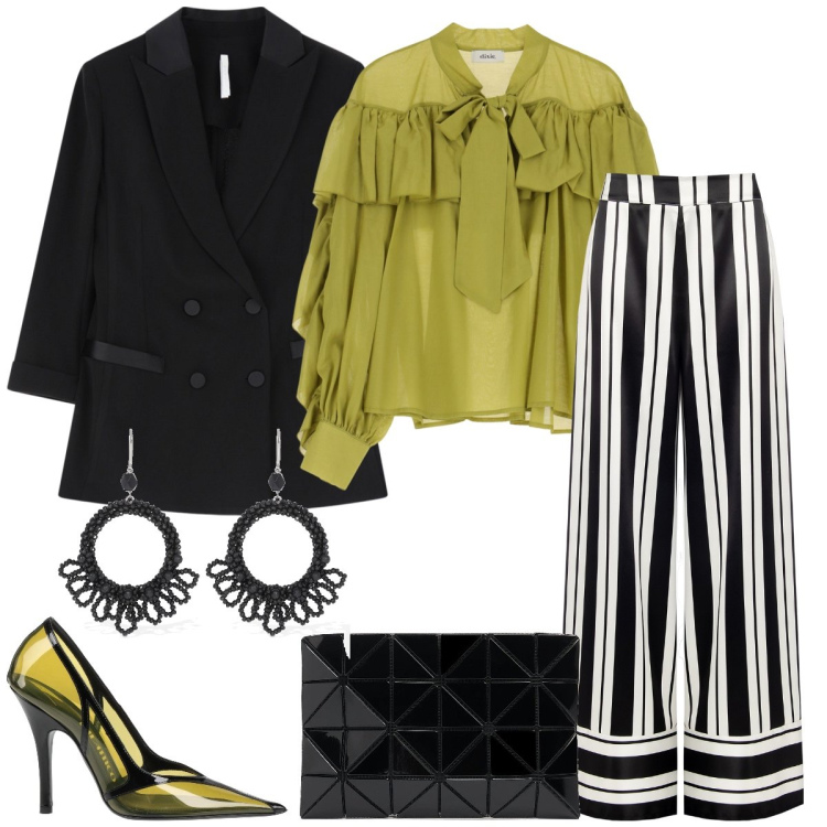 Outfit donna - Serata fuori. Stile Trendy per Serata fuori. Abbinamento con décolleté, pantaloni a palazzo, blazer, camicie, orecchini, pochette.