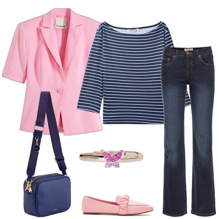 Outfit donna - Università. Stile Casual chic per Scuola/Università. Abbinamento con jeans dritti, blazer, mocassini, t-shirt, anelli, borse a tracolla.