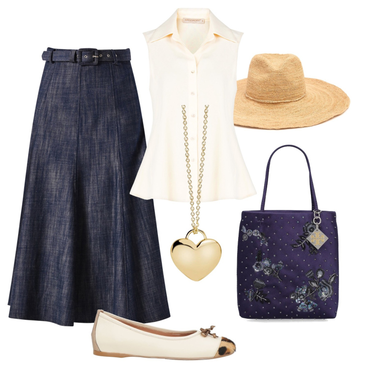 Outfit donna - Città soleggiata un po’ vintage. Stile Vintage retrò per Tutti i giorni. Abbinamento con ballerine, collane, gonne longuette, camicie, borse a mano, cappelli.