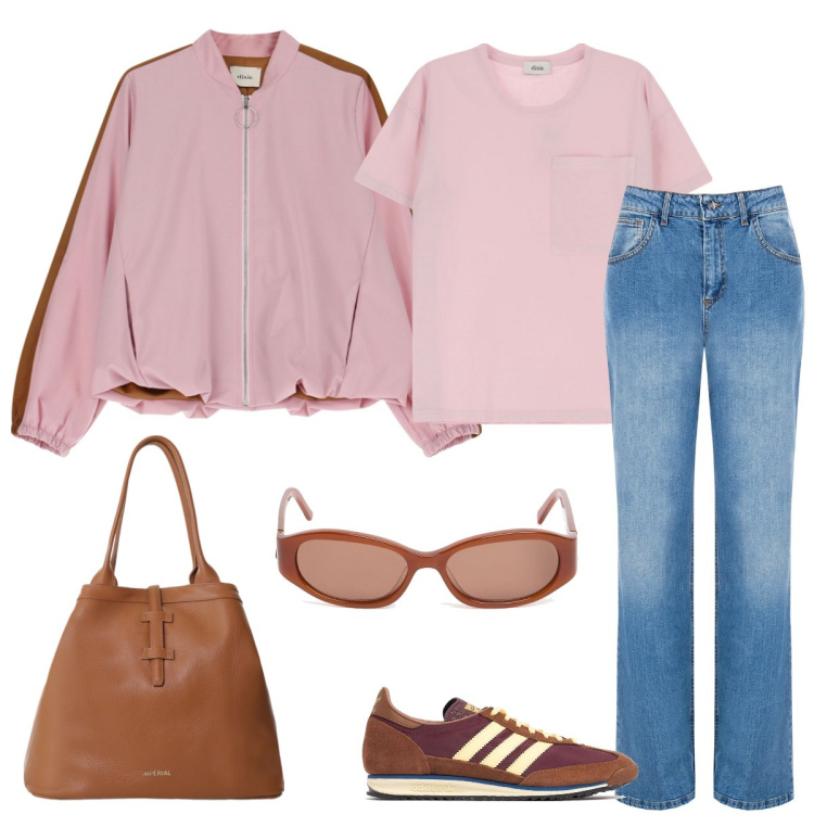 Outfit donna - Università. Stile Casual per Scuola/Università. Abbinamento con borse tote, t-shirt, bomber, jeans, occhiali da sole, sneakers.