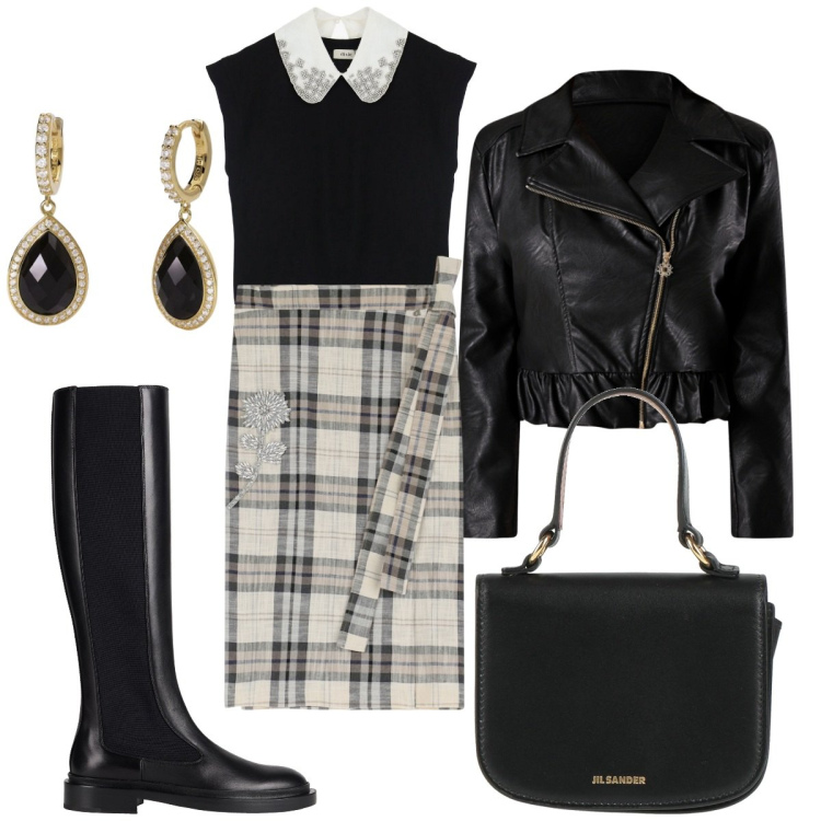 Outfit donna - A lavoro con la pioggia. Stile Urban per Ufficio. look ideale per Tall. Abbinamento con borse a mano, stivali, orecchini, gonne longuette, giacche, top.