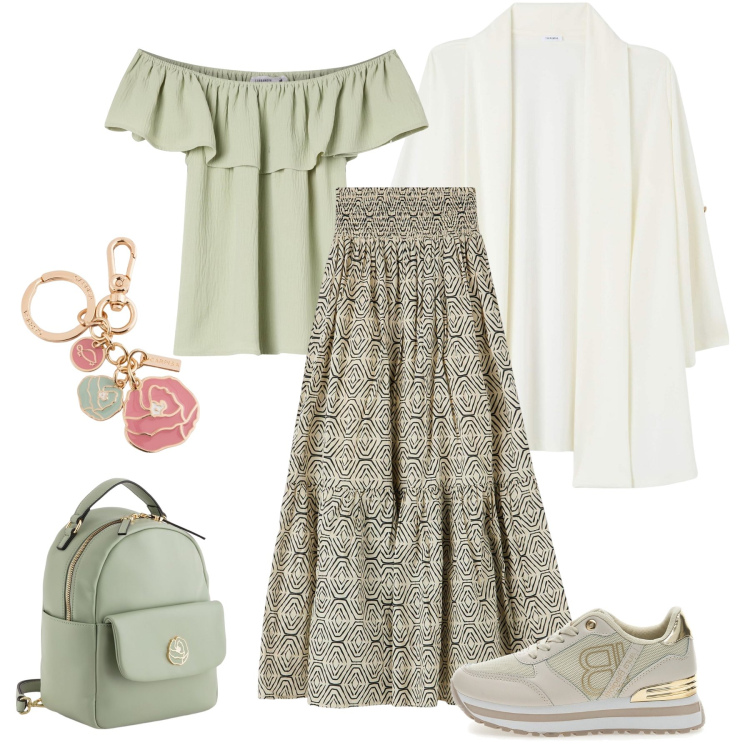 Outfit donna - Verde salvia e geometrie. Stile Boho per Tutti i giorni. Abbinamento con gonne lunghe, bluse, blazer, sneakers, zaini, portachiavi.