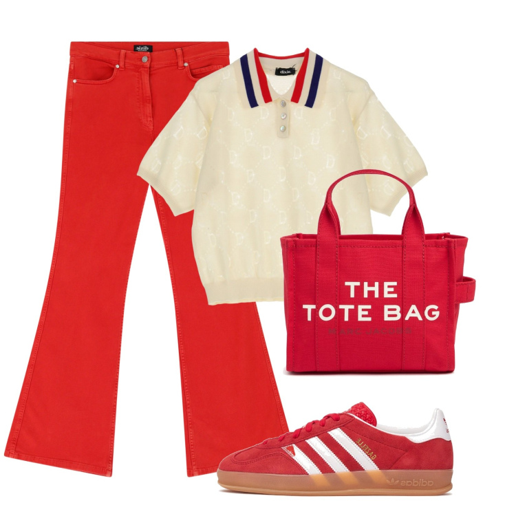 Outfit donna - Sporty chic per ufficio. Stile Casual chic per Ufficio. Abbinamento con pantaloni, polo, shopping bag, sneakers.