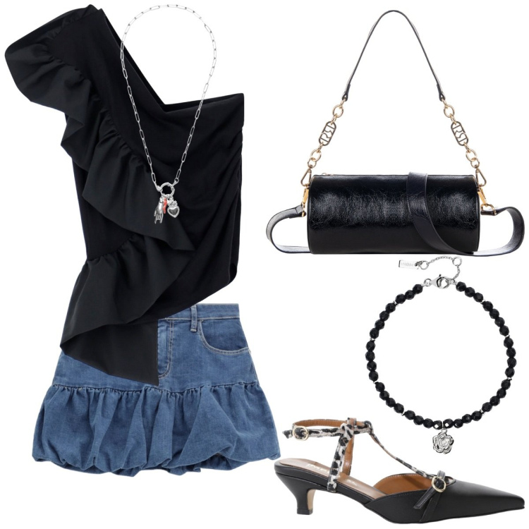 Outfit donna - Un pomeriggio speciale. Stile Glamour per Tutti i giorni. Abbinamento con braccialetti, borse a mano, minigonne, décolleté, top, ciondoli.