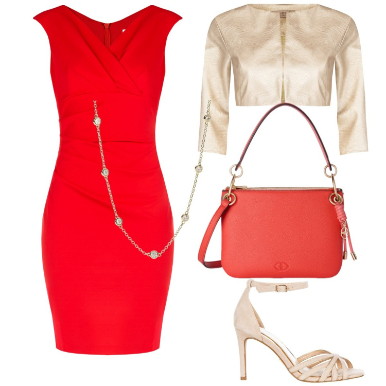Outfit donna - Lady in red. Stile Glamour per Cerimonia. Abbinamento con collane, bolero, vestiti a tubino, sandali col tacco, borse a tracolla.