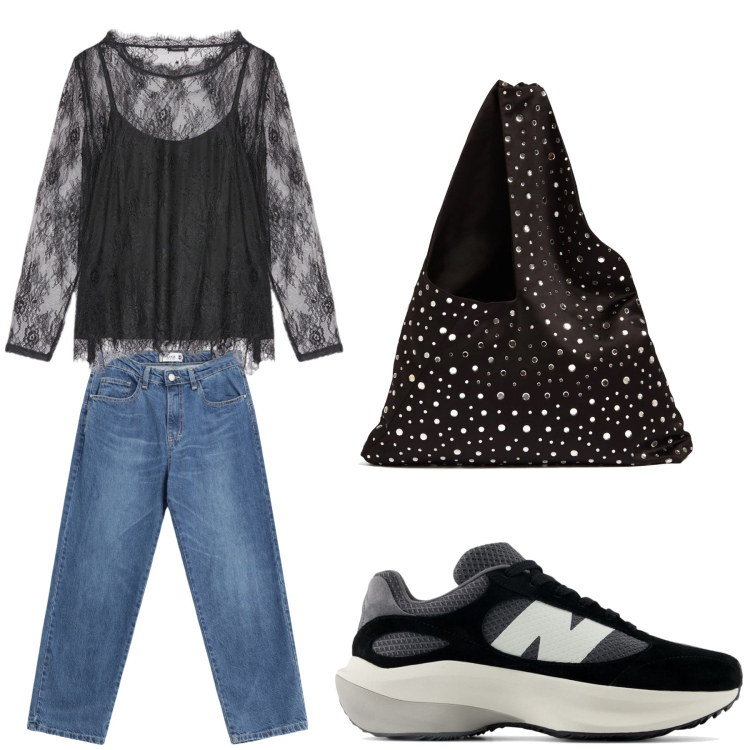 Outfit donna - Aperitivo. Stile Trendy per Tutti i giorni. Abbinamento con sneakers, jeans dritti, t-shirt, borse a spalla.