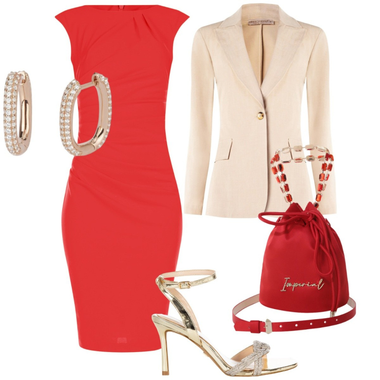 Outfit donna - Total look #2113723. Stile Glamour per Cerimonia. Abbinamento con borse a secchiello, orecchini, vestiti a tubino, sandali col tacco, blazer.
