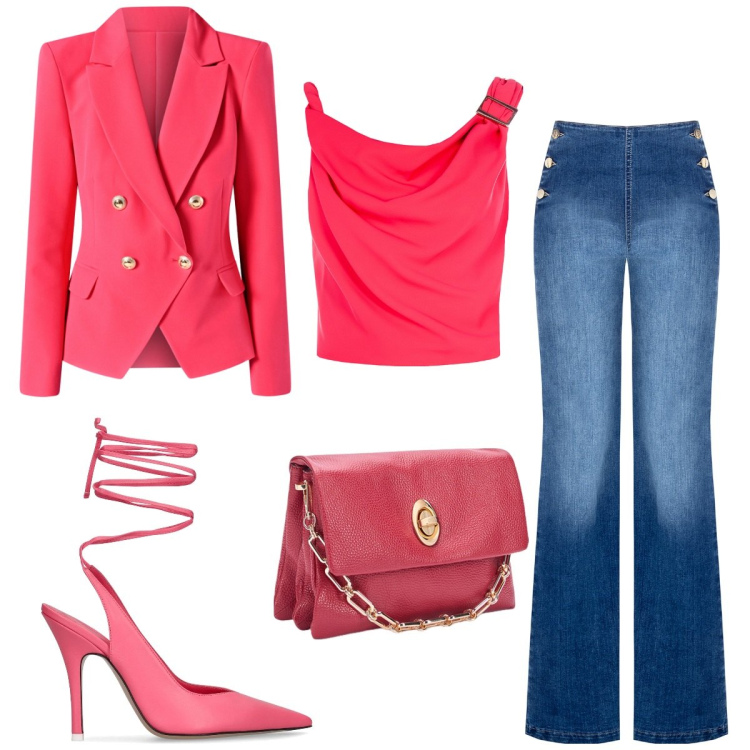 Outfit donna - Total look #2113729. Stile Glamour per Serata fuori. Abbinamento con top, blazer, jeans, borse a tracolla, décolleté.