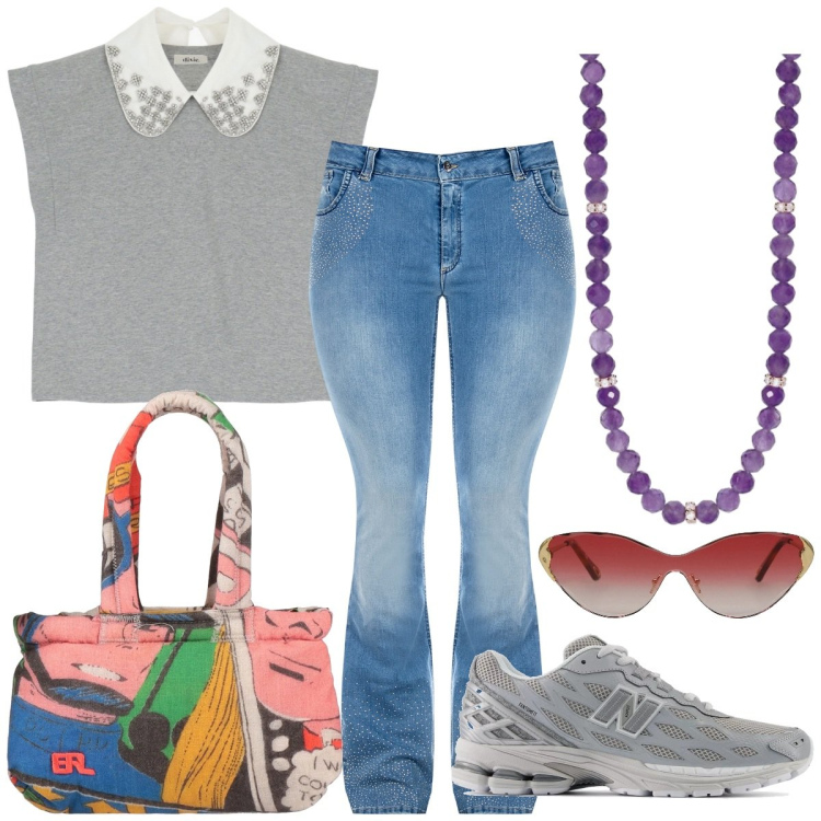 Outfit donna - Colora il mondo. Stile Bon Ton per Tutti i giorni. Abbinamento con borse a mano, occhiali da sole, top, collane, sneakers, jeans a zampa.