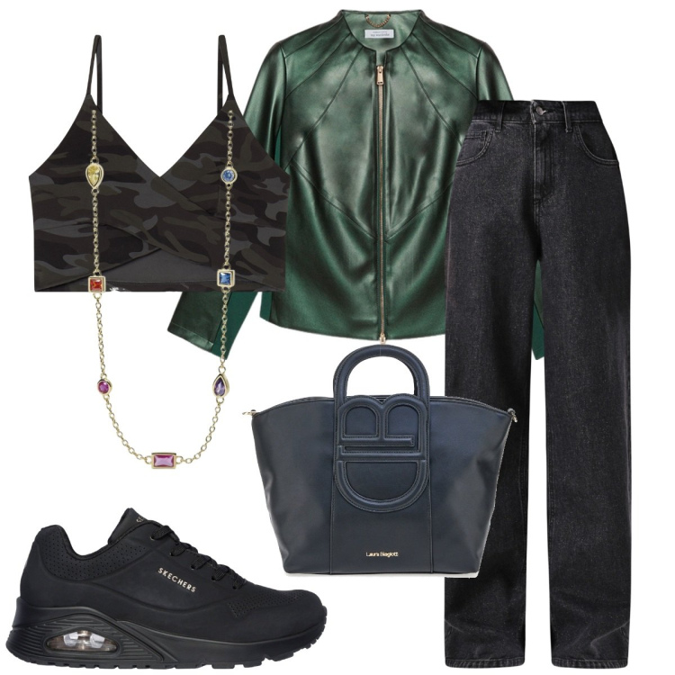 Outfit donna - Un tocco di colore. Stile Sporty chic per Tutti i giorni. Abbinamento con collane, jeans, top, blazer, sneakers, borse a tracolla.