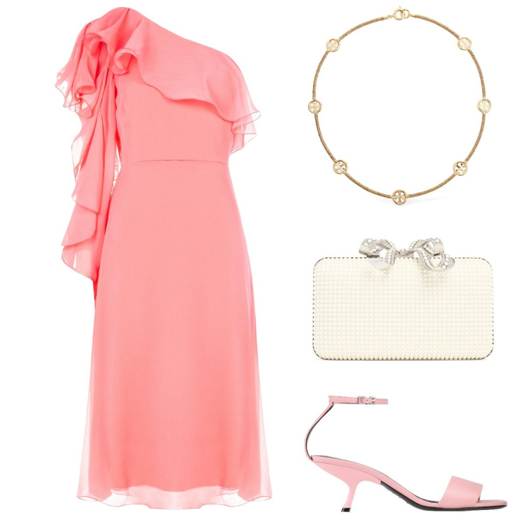 Outfit donna - Il vestito rosa camelia. Stile Romantica per Cerimonia. Abbinamento con sandali in pelle, vestiti asimmetrici, collane, pochette.