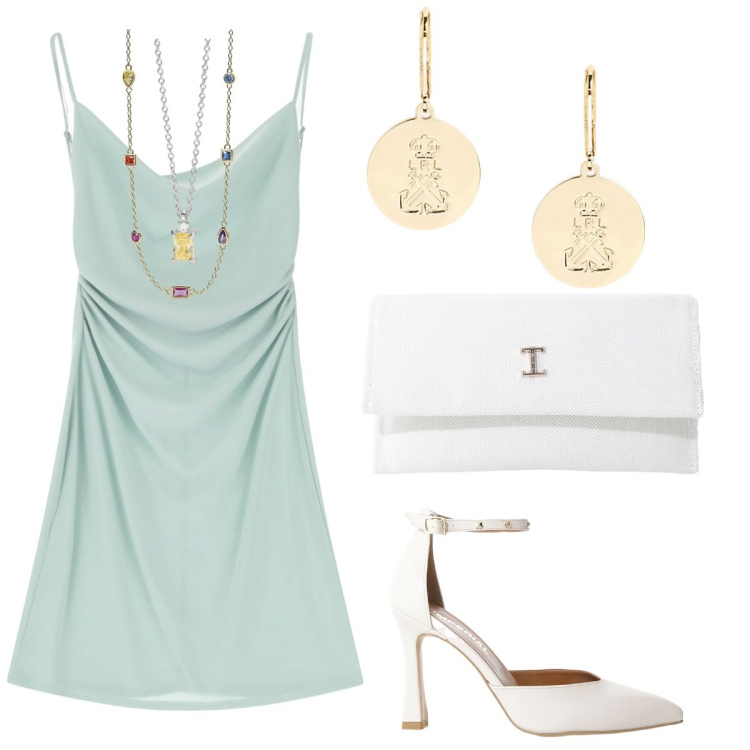 Outfit donna - Party color. Stile Romantica per Serata fuori. Abbinamento con collane, collane, vestiti corti, décolleté, borse a tracolla, orecchini.