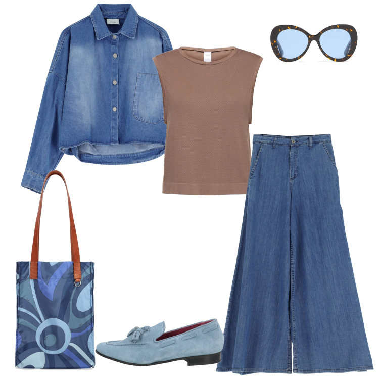 Outfit donna - Total look #2113745. Stile Bon Ton per Tutti i giorni. Abbinamento con mocassini, jeans, blazer, occhiali da sole, shopping bag, canottiere.