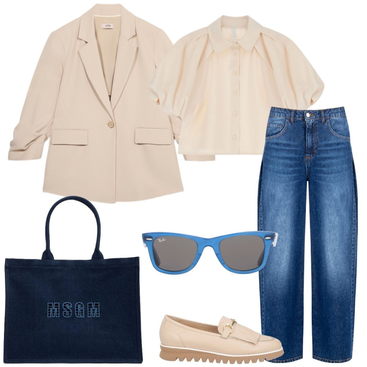 Outfit donna - Università. Stile Casual chic per Scuola/Università. Abbinamento con mocassini, camicie a manica corta, jeans, occhiali da sole, shopping bag, blazer.