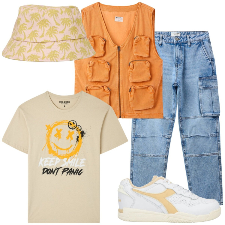 Outfit uomo - Stile manga. Stile Urban per Tutti i giorni. Abbinamento con sneakers, t-shirt, cappelli con visiera, gilet, jeans.