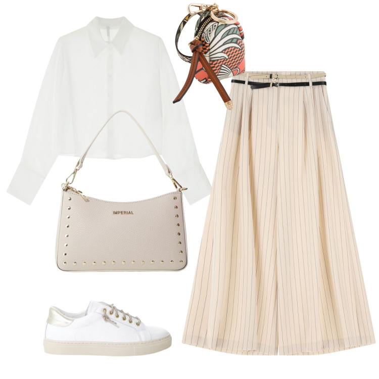 Outfit donna - Signora Imp. Stile Minimal per Ufficio. Abbinamento con pantaloni a palazzo, sneakers, camicie, borse a spalla, portachiavi.