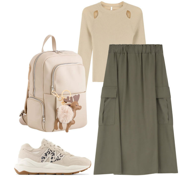 Outfit donna - Signorina Renna. Stile Casual chic per Ufficio. Abbinamento con sneakers, gonne lunghe, maglieria, zaini, portachiavi.