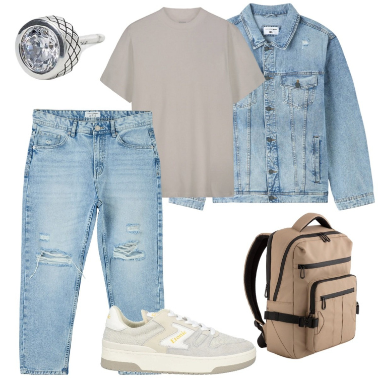 Outfit uomo - Moderno o no non è male. Stile Urban per Tutti i giorni. Abbinamento con sneakers, jeans strappati, giacche, orecchini, t-shirt, borse sportive.