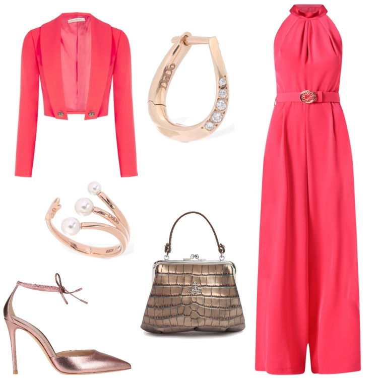 Outfit donna - Cerimonia. Stile Chic per Cerimonia. Abbinamento con décolleté, tute, bolero, anelli, orecchini, borse a mano.
