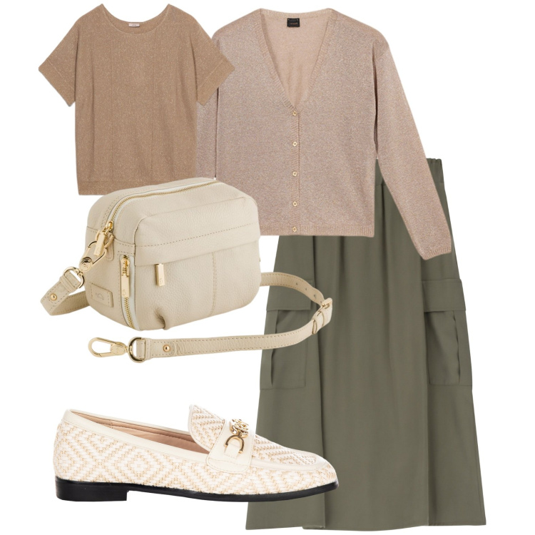 Outfit donna - Cindy. Stile Casual chic per Scuola/Università. Abbinamento con mocassini, gonne lunghe, borse a tracolla, cardigans, maglieria.