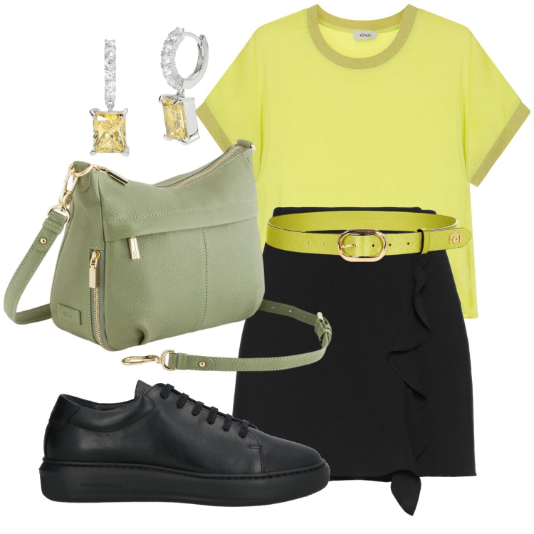 Outfit donna - Green. Stile Minimal per Scuola/Università. Abbinamento con sneakers, minigonne, t-shirt, orecchini, cinture, borse a tracolla.