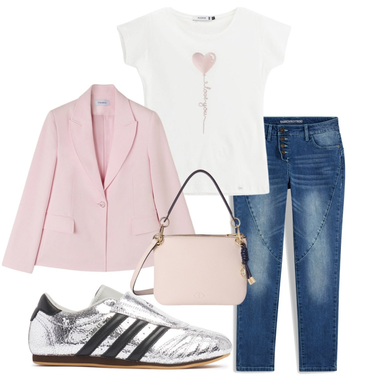 Outfit donna - Total look #2113772. Stile Casual per Tutti i giorni. Abbinamento con jeans boyfriend, t-shirt, sneakers, borse a tracolla, blazer.