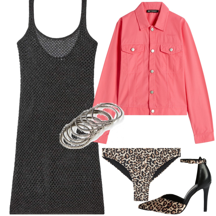 Outfit donna - Intimamente animalier. Stile Glamour per Serata fuori. Abbinamento con braccialetti, décolleté, vestiti, culotte, blazer.