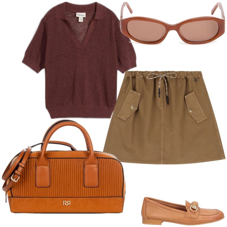 Outfit donna - I toni terrosi. Stile Urban per Tutti i giorni. Abbinamento con polo, mocassini, borse a mano, minigonne, occhiali da sole.