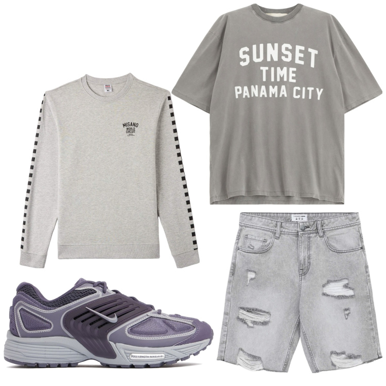 Outfit uomo - Grigio sport. Stile Casual per Sport. Abbinamento con felpe, pantaloni corti, t-shirt, sneakers.