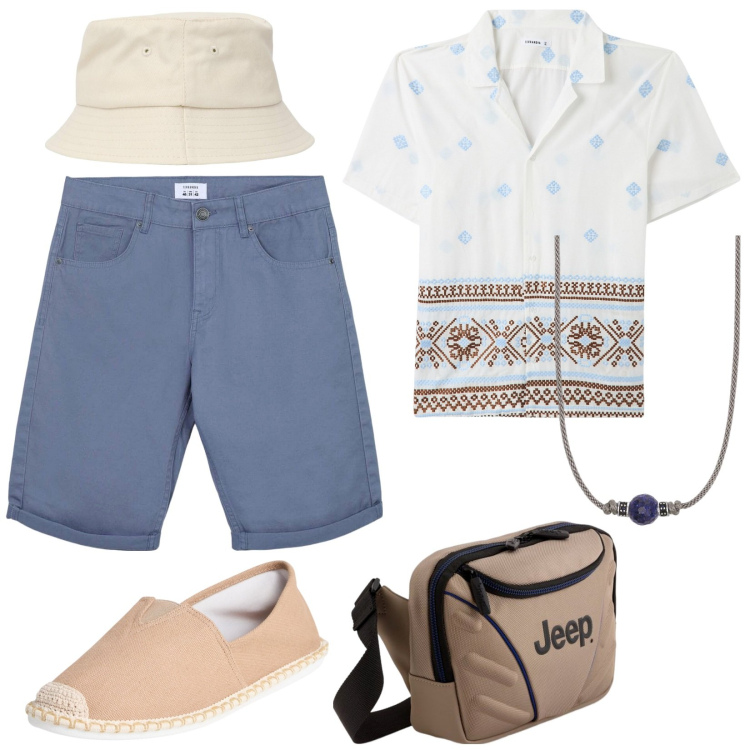 Outfit uomo - Vacanza a Sharm. Stile Casual per Mare. Abbinamento con camicie a manica corta, espadrillas, cappelli, bermuda, collane, borse sportive.