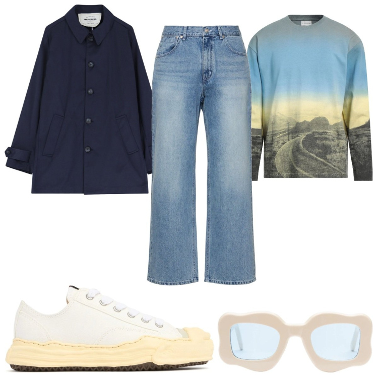 Outfit uomo - Total look #2113796. Stile Trendy per Tutti i giorni. Abbinamento con t-shirt, trench, occhiali da sole, jeans, sneakers.
