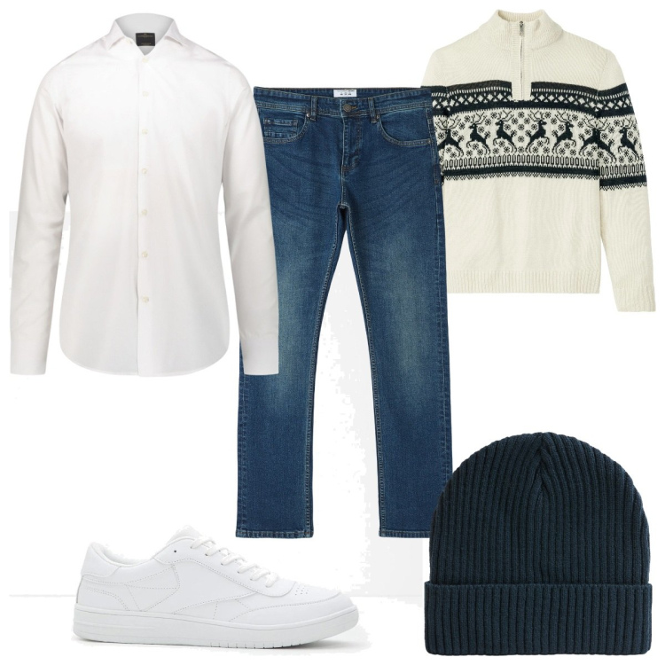 Outfit uomo - Total look #2113798. Stile Trendy per Tutti i giorni. Abbinamento con maglieria, sneakers, jeans dritti, berretti, camicie.