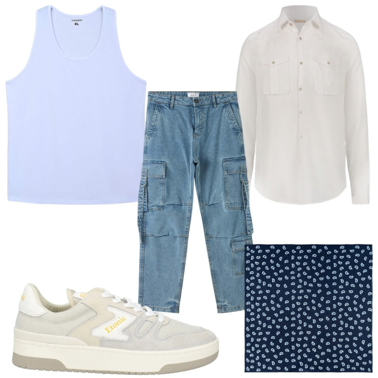 Outfit uomo - Total look #2113803. Stile Trendy per Tutti i giorni. Abbinamento con sneakers, canottiere, jeans, camicie, sciarpe e foulard.