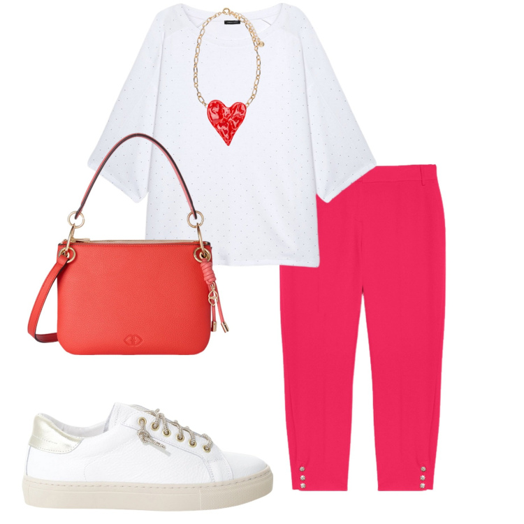 Outfit donna - Cuoricini. Stile Casual per Serata fuori. Abbinamento con sneakers, pantaloni chino, felpe, ciondoli, borse a tracolla.