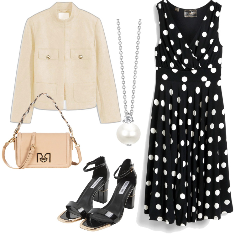 Outfit donna - Pois bon ton. Stile Chic per Tutti i giorni. Abbinamento con vestiti, blazer, sabot, collane, borse a tracolla.