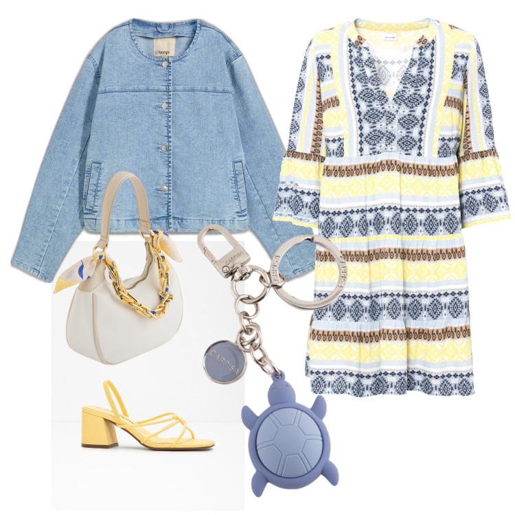 Outfit donna - Completo in giallo canarino. Stile Romantica per Tutti i giorni. Abbinamento con sandali col tacco, blazer, vestiti, portachiavi, borse a tracolla.