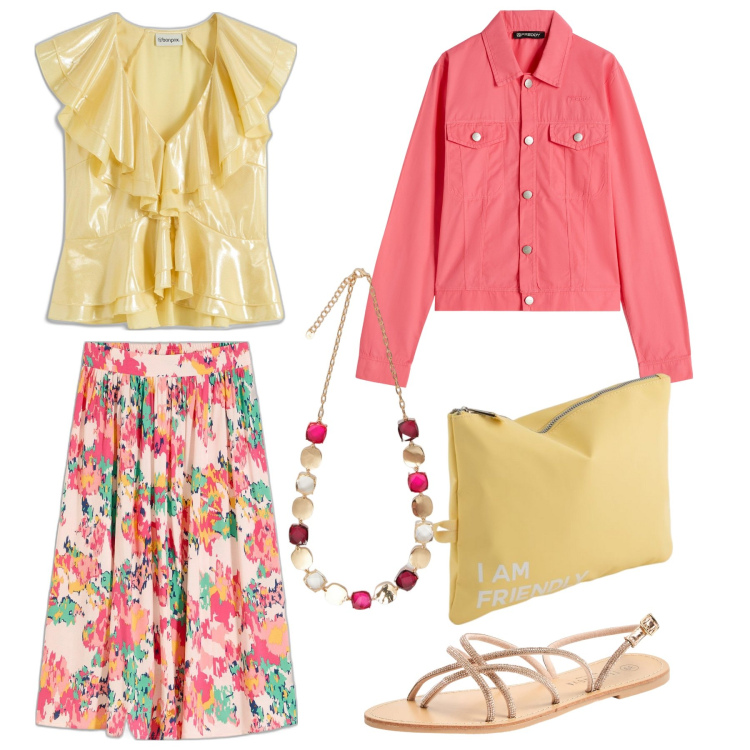 Outfit donna - Colori allegri. Stile Etnico per Tutti i giorni. Abbinamento con gonne longuette, bluse, sandali, blazer, collane, valigie.