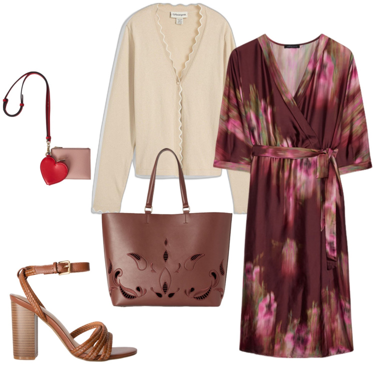 Outfit donna - Abito fantasia con rosa. Stile Romantica per Tutti i giorni. Abbinamento con cardigans, vestiti midi/longuette, shopping bag, sandali col tacco, portafogli.