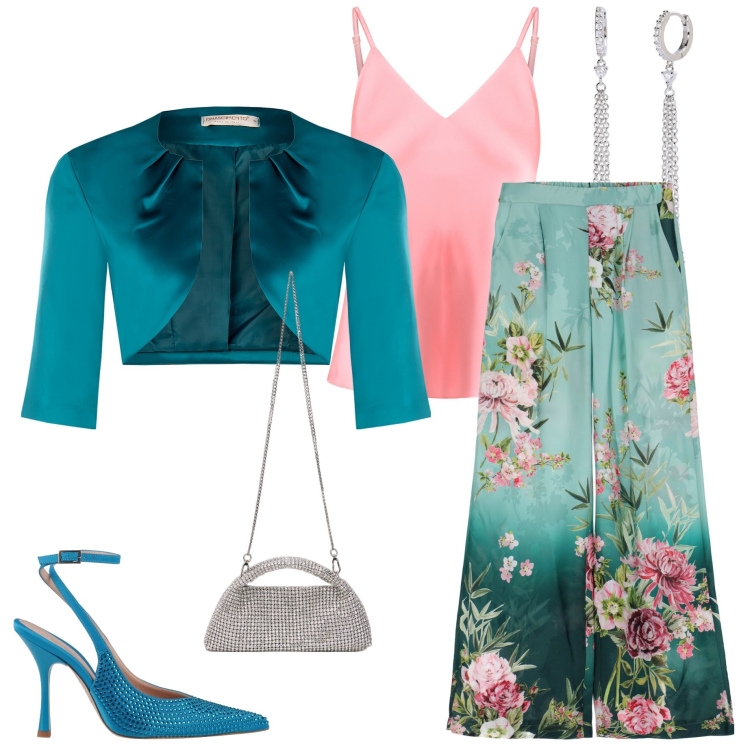 Outfit donna - Cerimonia di aprile. Stile Chic per Cerimonia. Abbinamento con décolleté, pantaloni, orecchini, top, bolero, clutch.