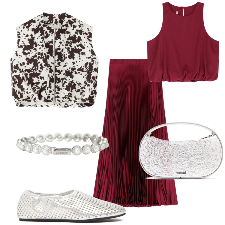 Outfit donna - Gonna lunga vita alta. Stile Vintage retrò per Serata fuori. Abbinamento con braccialetti, gonne lunghe, gilet, top, borse a mano, ballerine.