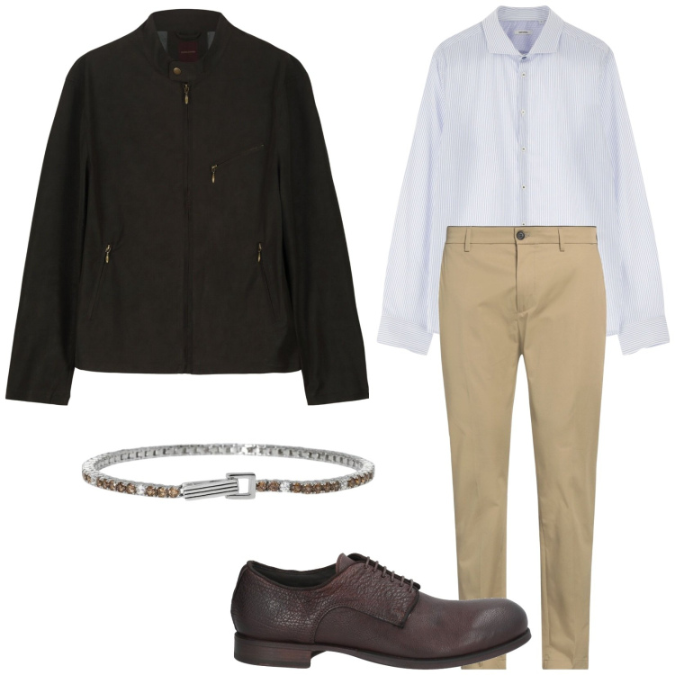 Outfit uomo - Giubbino in ecopelle. Stile Trendy per Serata speciale. Abbinamento con scarpe stringate, pantaloni chino, braccialetti, camicie, giacche.