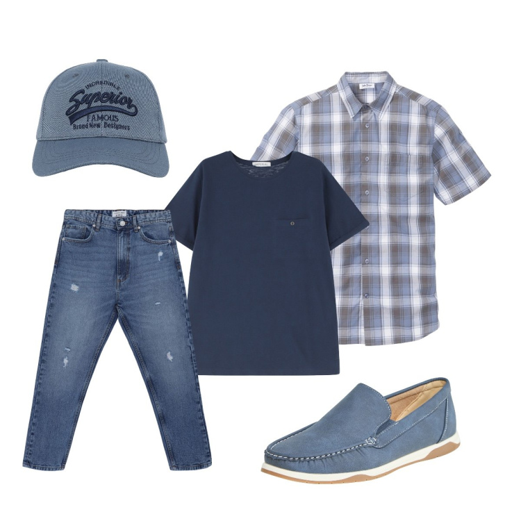 Outfit uomo - Total look #2113841. Stile Casual per Tutti i giorni. Abbinamento con camicie a manica corta, scarpe stringate, cappelli con visiera, jeans strappati, t-shirt.