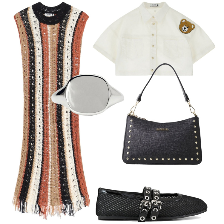 Outfit donna - È qui la festa?. Stile Trendy per Serata fuori. Abbinamento con anelli, vestiti senza maniche, blazer, borse a spalla, ballerine.