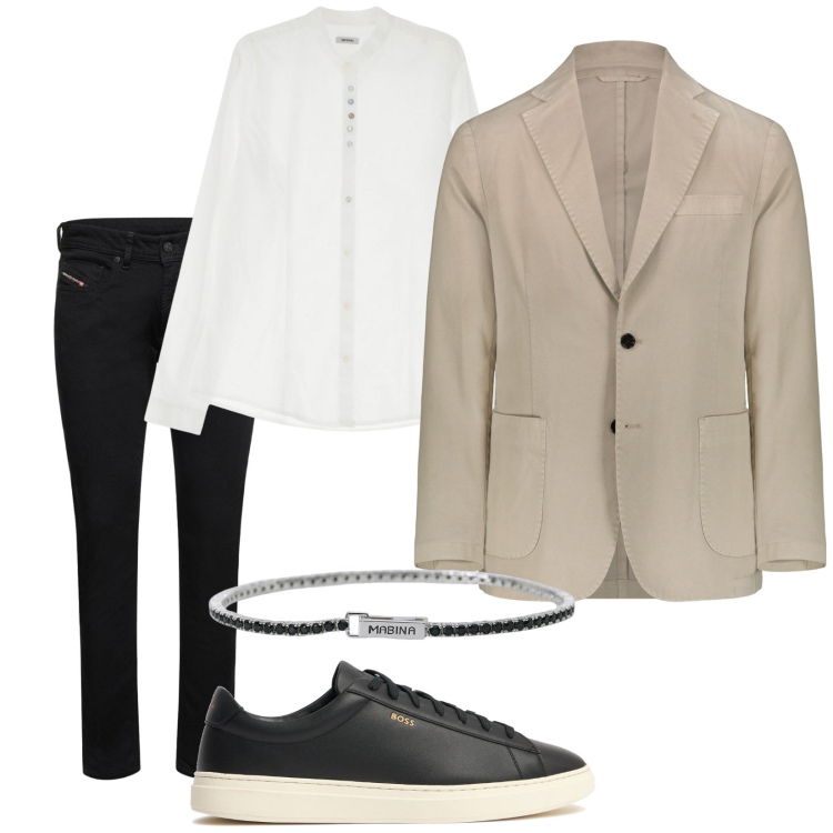 Outfit uomo - Total look #2113846. Stile Trendy per Tutti i giorni. Abbinamento con braccialetti, camicie, giacche, jeans skinny, sneakers.