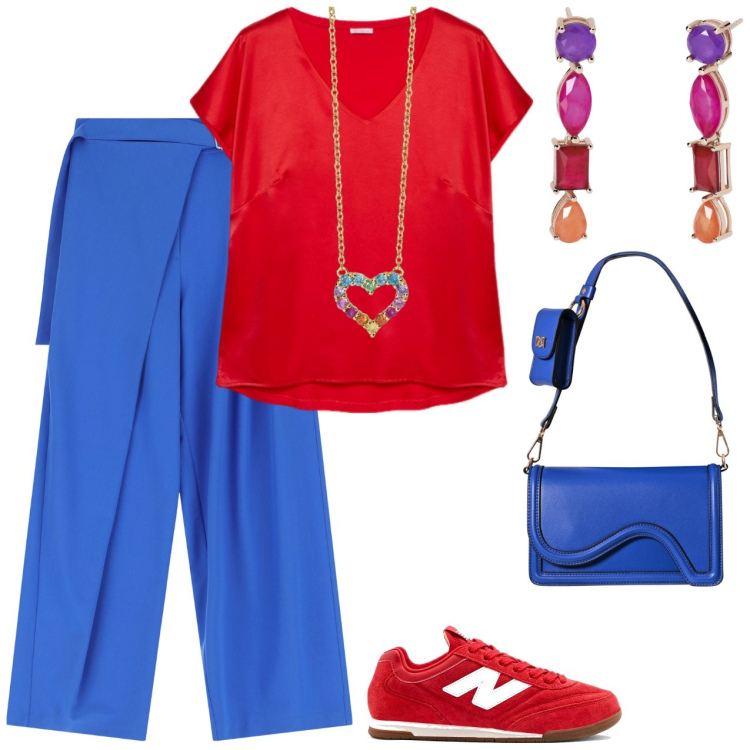 Outfit donna - Orecchini colorati.. Stile Casual per Tutti i giorni. Abbinamento con collane, orecchini, sneakers, pochette, pantaloni a palazzo, t-shirt.