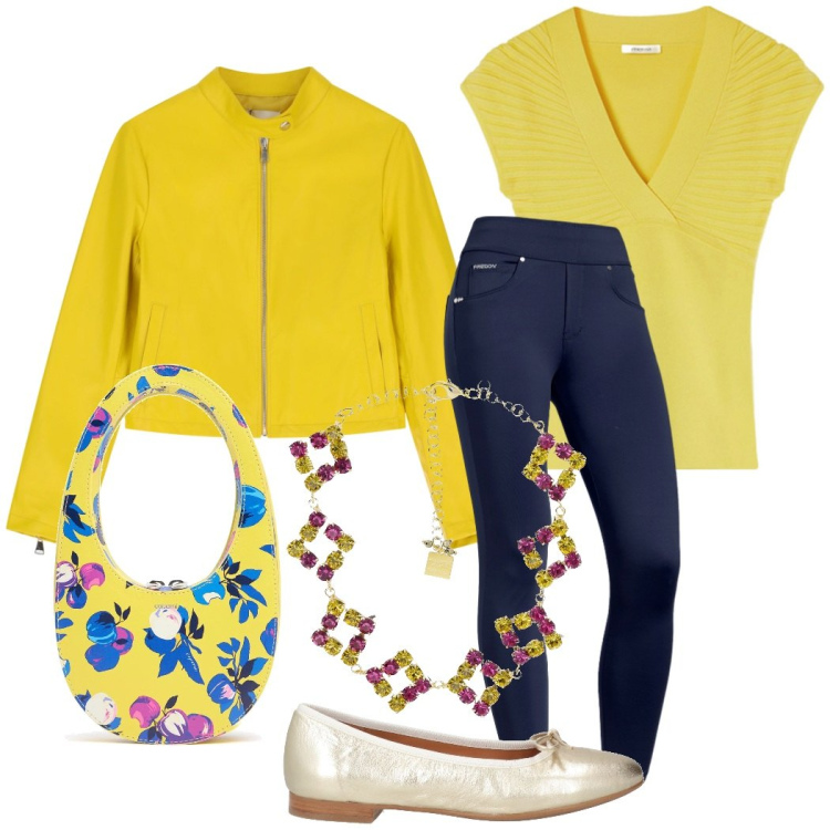 Outfit donna - Primavera. Stile Casual chic per Tutti i giorni. Abbinamento con ballerine, jeggings, giacche, collane, borse a mano, t-shirt.
