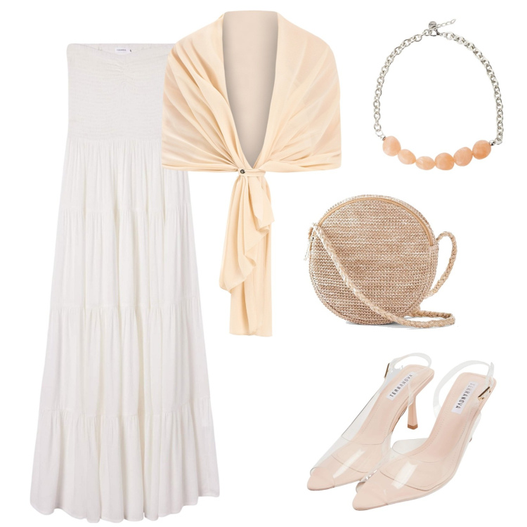 Outfit donna - Cenerentola. Stile Romantica per Cerimonia. Abbinamento con borse a tracolla, sandali col tacco, vestiti lunghi, scialli, collane.