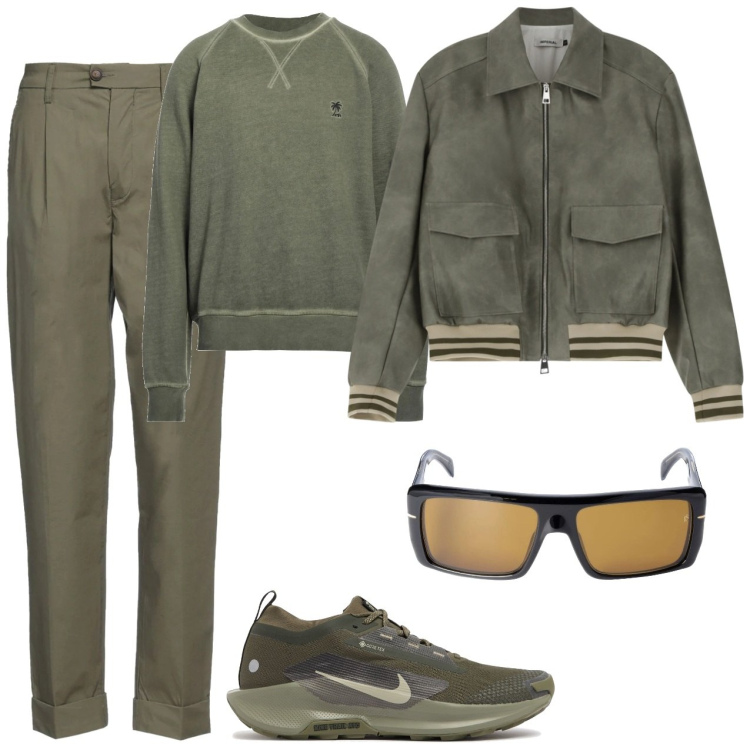 Outfit uomo - In verde. Stile Casual per Tutti i giorni. Abbinamento con pantaloni, felpe, bomber, sneakers, occhiali da sole.