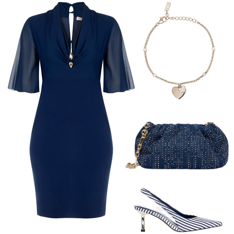 Outfit donna - Il tubino blu - curvy style. Stile Chic per Cerimonia. Abbinamento con braccialetti con ciondoli, vestiti a tubino, décolleté, clutch.